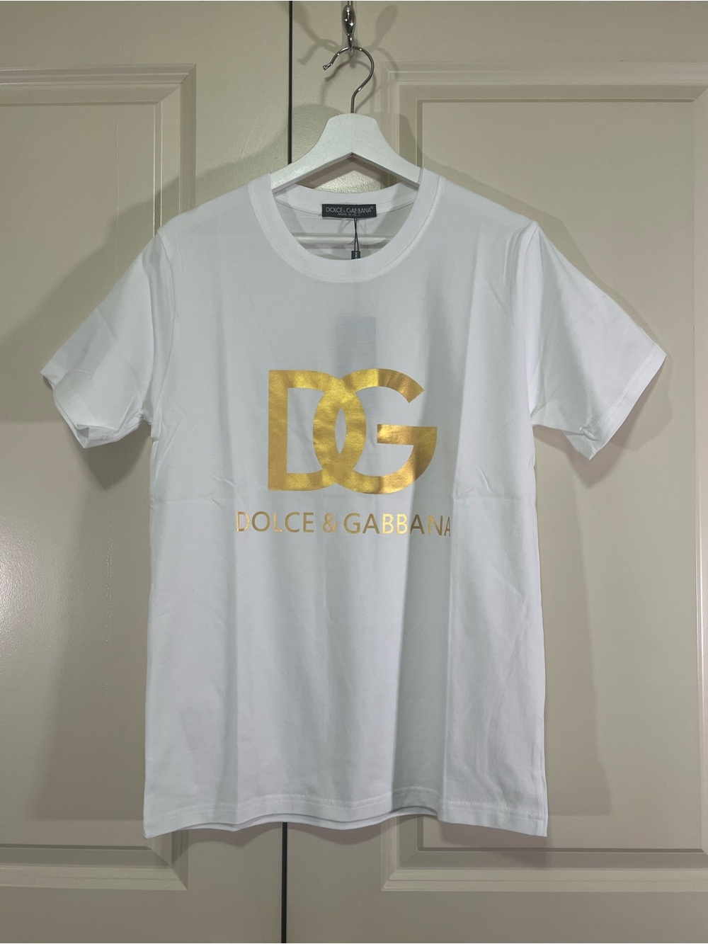 Dolce & Gabbana White Short-Sleeve Tee with Gold DG Logo